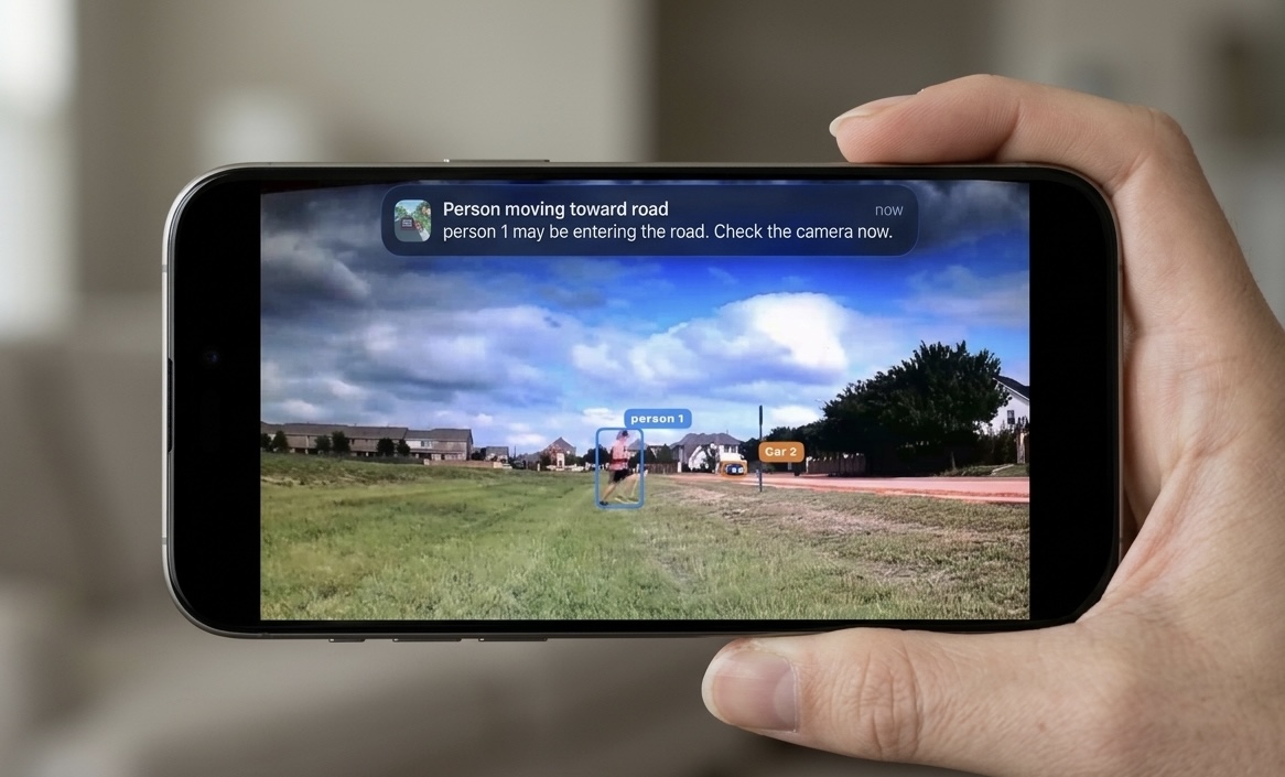 iPhone showing CarAlert-1.0 live video and AI detection