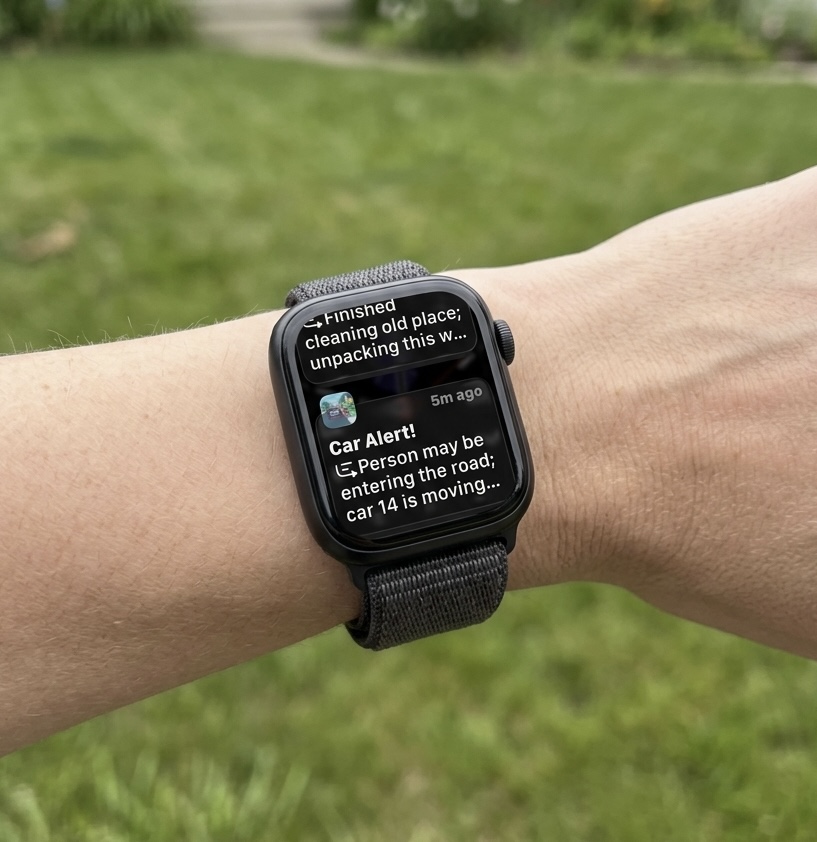 Apple Watch showing a CarAlert safety notification